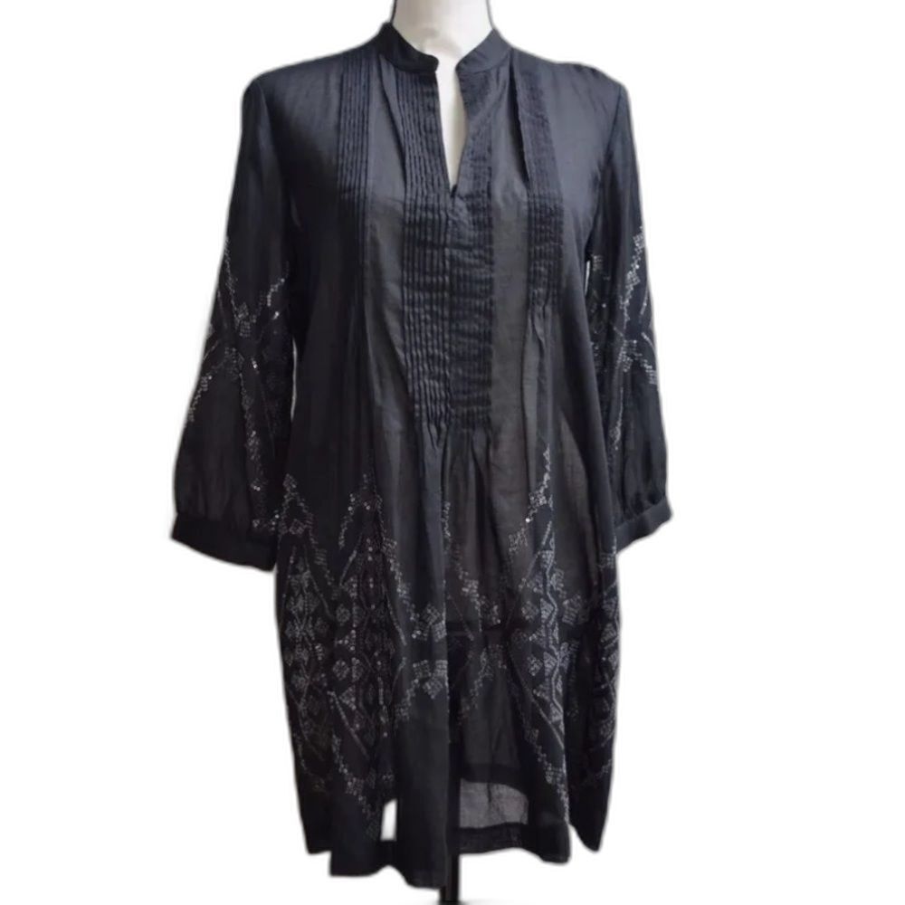 CHICOS Silver Sequined Long Tunic Black Blouse Womens Chicos Size 2 Large